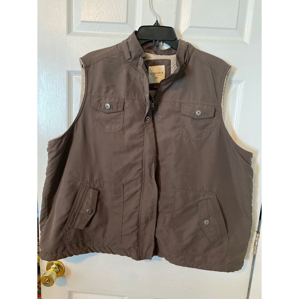 Sonoma Life + Style Brown Sherpa Lined Utility Vest Womens 2X Full Zip Pockets